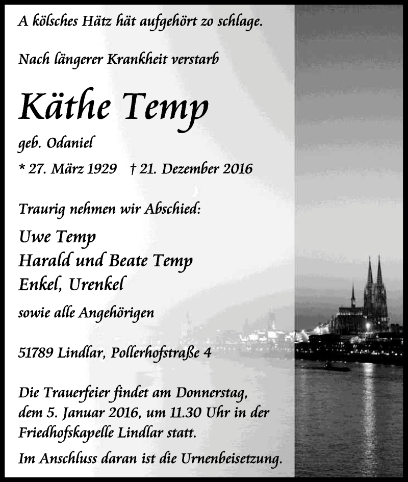  Traueranzeige für Käthe Temp vom 31.12.2016 aus Kölner Stadt-Anzeiger / Kölnische Rundschau / Express