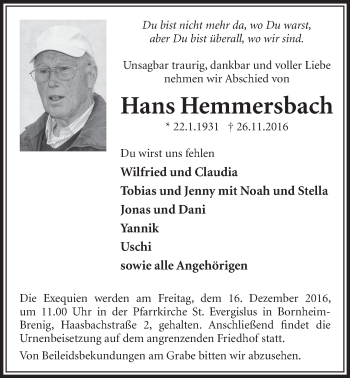 Anzeige von Hans Hemmersbach von  Schaufenster/Blickpunkt 
