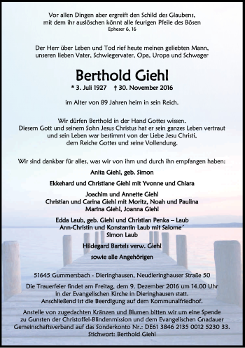 Anzeige von Berthold Giehl von Kölner Stadt-Anzeiger / Kölnische Rundschau / Express