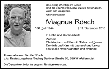 Anzeige von Magnus Rösch von Kölner Stadt-Anzeiger / Kölnische Rundschau / Express