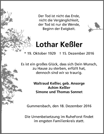 Anzeige von Lothar Keßler von Kölner Stadt-Anzeiger / Kölnische Rundschau / Express
