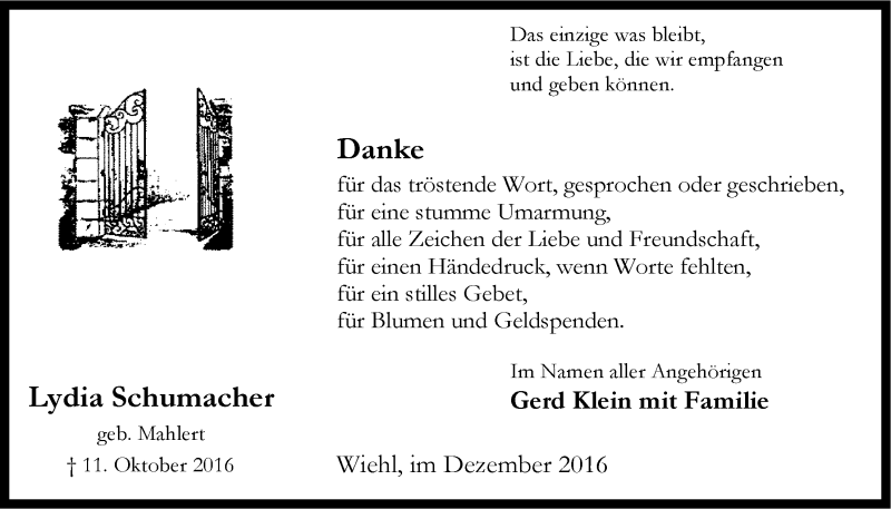  Traueranzeige für Lydia Schumacher vom 14.12.2016 aus  Anzeigen Echo 