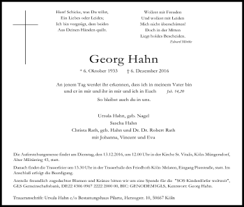 Anzeige von Georg Hahn von Kölner Stadt-Anzeiger / Kölnische Rundschau / Express