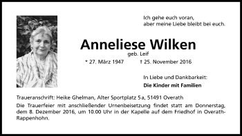 Anzeige von Anneliese Wilken von Kölner Stadt-Anzeiger / Kölnische Rundschau / Express