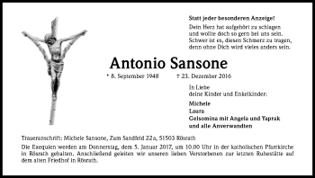 Anzeige von Antonio Sansone von Kölner Stadt-Anzeiger / Kölnische Rundschau / Express