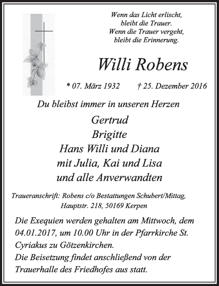  Traueranzeige für Willi Robens vom 31.12.2016 aus  Sonntags-Post 