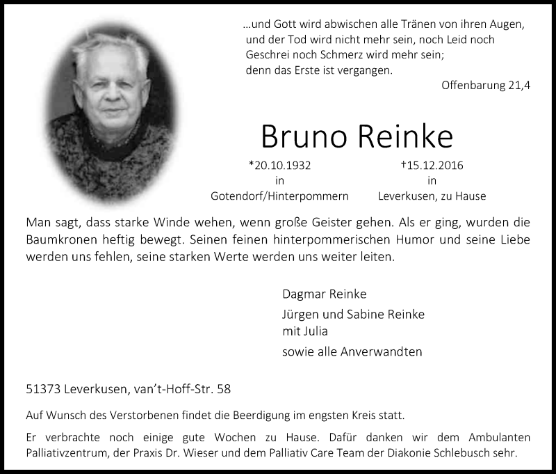  Traueranzeige für Bruno Reinke vom 21.12.2016 aus Kölner Stadt-Anzeiger / Kölnische Rundschau / Express