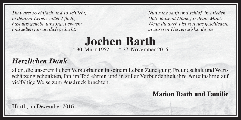  Traueranzeige für Jochen Barth vom 21.12.2016 aus  Wochenende 