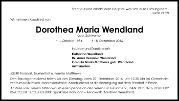 Anzeige von Dorothea Maria Wendland von Kölner Stadt-Anzeiger / Kölnische Rundschau / Express