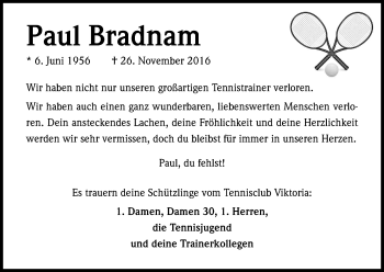 Anzeige von Paul Bradnam von Kölner Stadt-Anzeiger / Kölnische Rundschau / Express