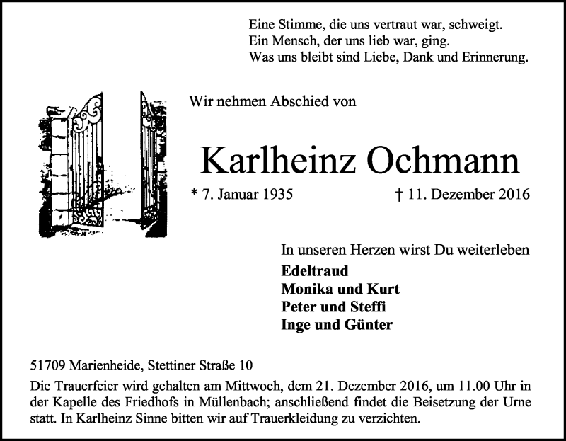  Traueranzeige für Karlheinz Ochmann vom 14.12.2016 aus Kölner Stadt-Anzeiger / Kölnische Rundschau / Express