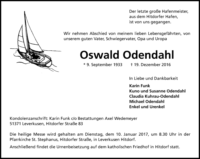  Traueranzeige für Oswald Odendahl vom 31.12.2016 aus Kölner Stadt-Anzeiger / Kölnische Rundschau / Express
