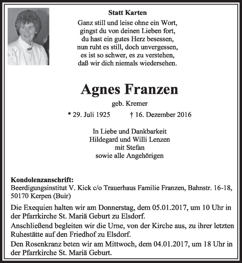  Traueranzeige für Agnes Franzen vom 31.12.2016 aus  Sonntags-Post 