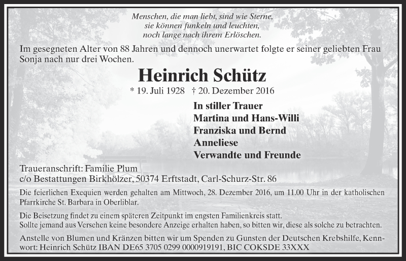  Traueranzeige für Heinrich Schütz vom 24.12.2016 aus  Sonntags-Post 
