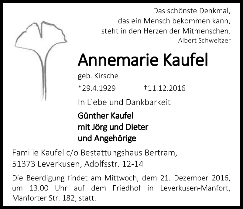  Traueranzeige für Annemarie Kaufel vom 17.12.2016 aus Kölner Stadt-Anzeiger / Kölnische Rundschau / Express
