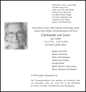 Anzeige von Gertraude van Loon von Kölner Stadt-Anzeiger / Kölnische Rundschau / Express