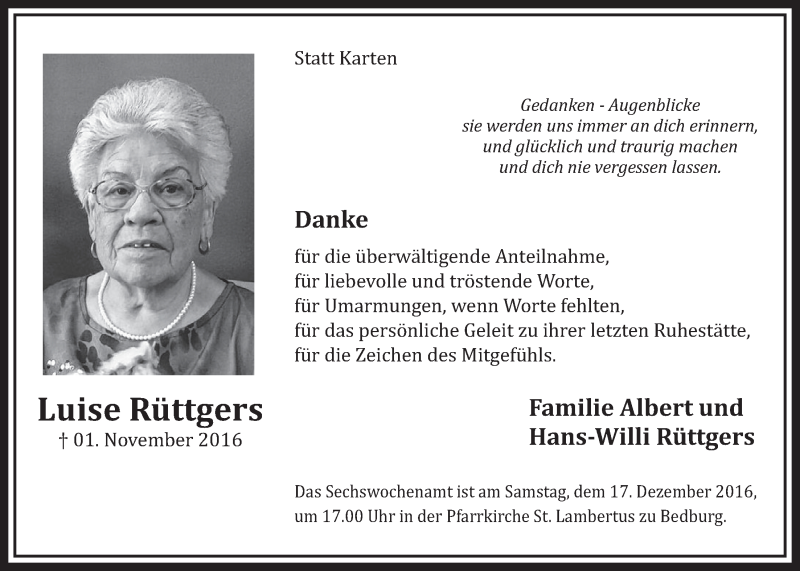  Traueranzeige für Luise Rüttgers vom 03.12.2016 aus  Sonntags-Post 