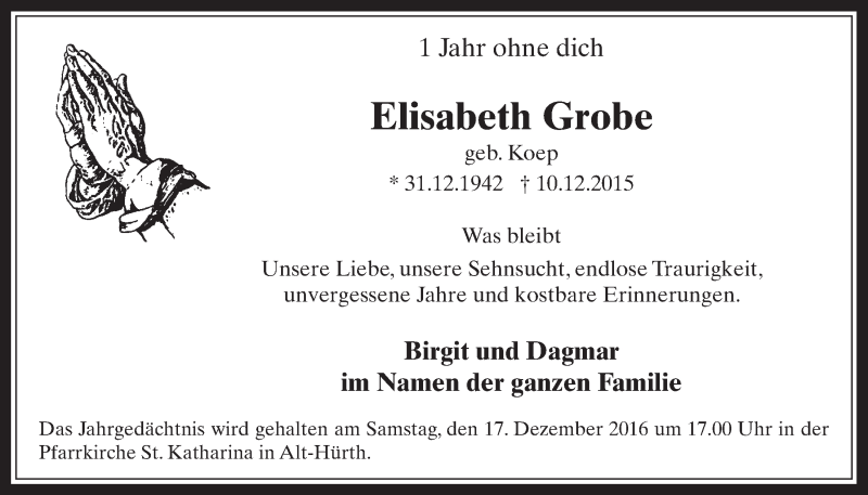  Traueranzeige für Elisabeth Grobe vom 07.12.2016 aus  Wochenende 