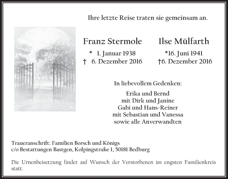  Traueranzeige für Franz Stermole Ilse Mülfarth vom 21.12.2016 aus  Werbepost 