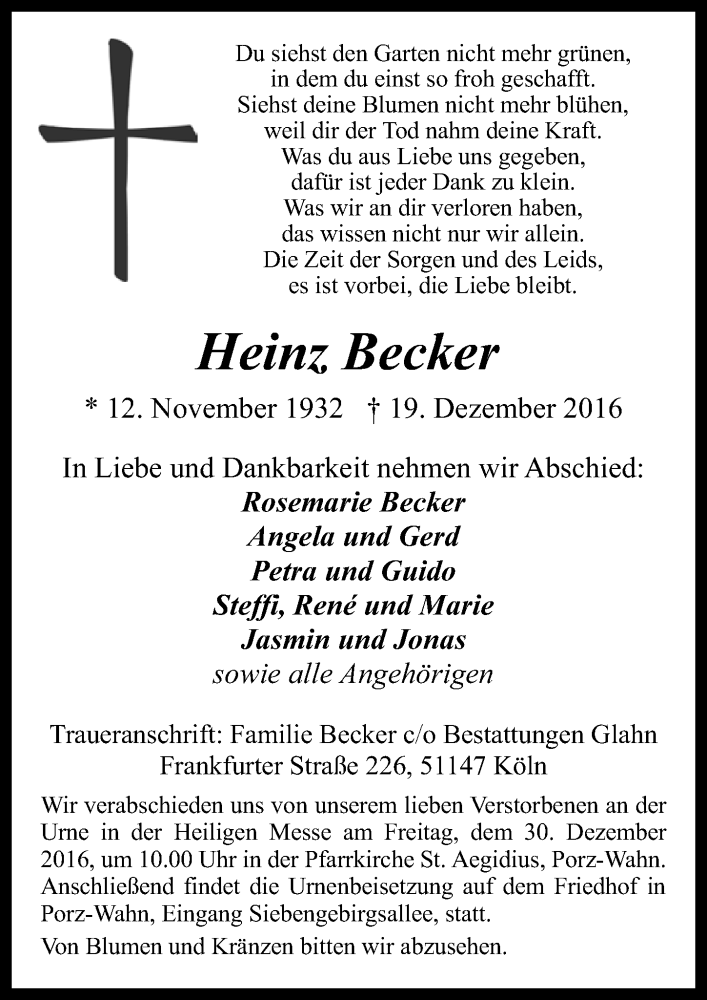  Traueranzeige für Heinz Becker vom 28.12.2016 aus  Kölner Wochenspiegel 