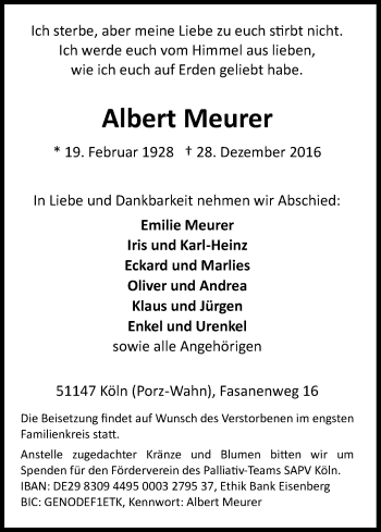 Anzeige von Albert Meurer von Kölner Stadt-Anzeiger / Kölnische Rundschau / Express