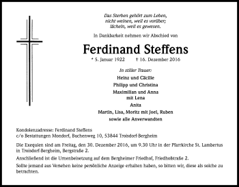 Anzeige von Ferdinand Steffens von Kölner Stadt-Anzeiger / Kölnische Rundschau / Express