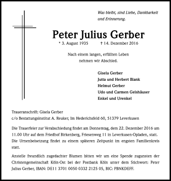 Anzeige von Peter Julius Gerber von Kölner Stadt-Anzeiger / Kölnische Rundschau / Express