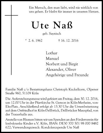 Anzeige von Ute Naß von Kölner Stadt-Anzeiger / Kölnische Rundschau / Express