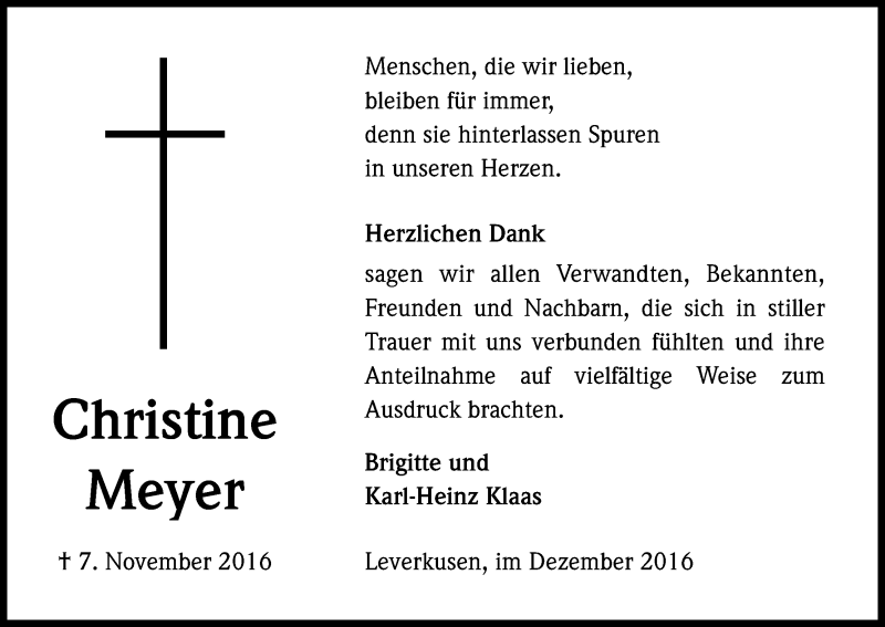  Traueranzeige für Christine Meyer vom 17.12.2016 aus Kölner Stadt-Anzeiger / Kölnische Rundschau / Express