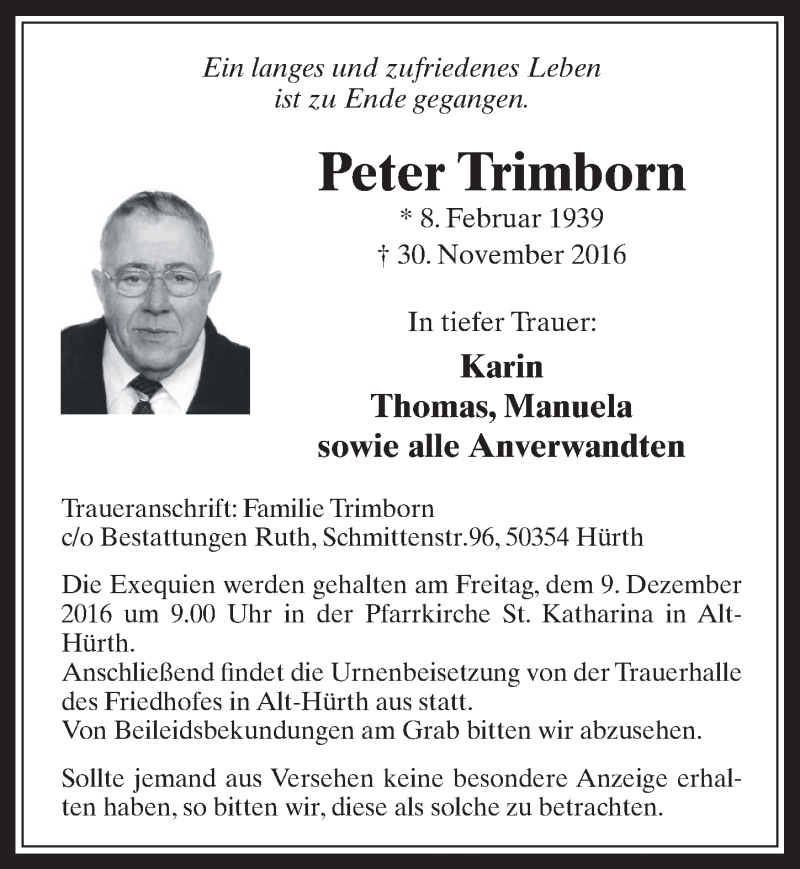 Traueranzeige für Peter Trimborn vom 07.12.2016 aus  Wochenende 