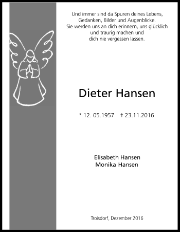 Anzeige von Dieter Hansen von Kölner Stadt-Anzeiger / Kölnische Rundschau / Express