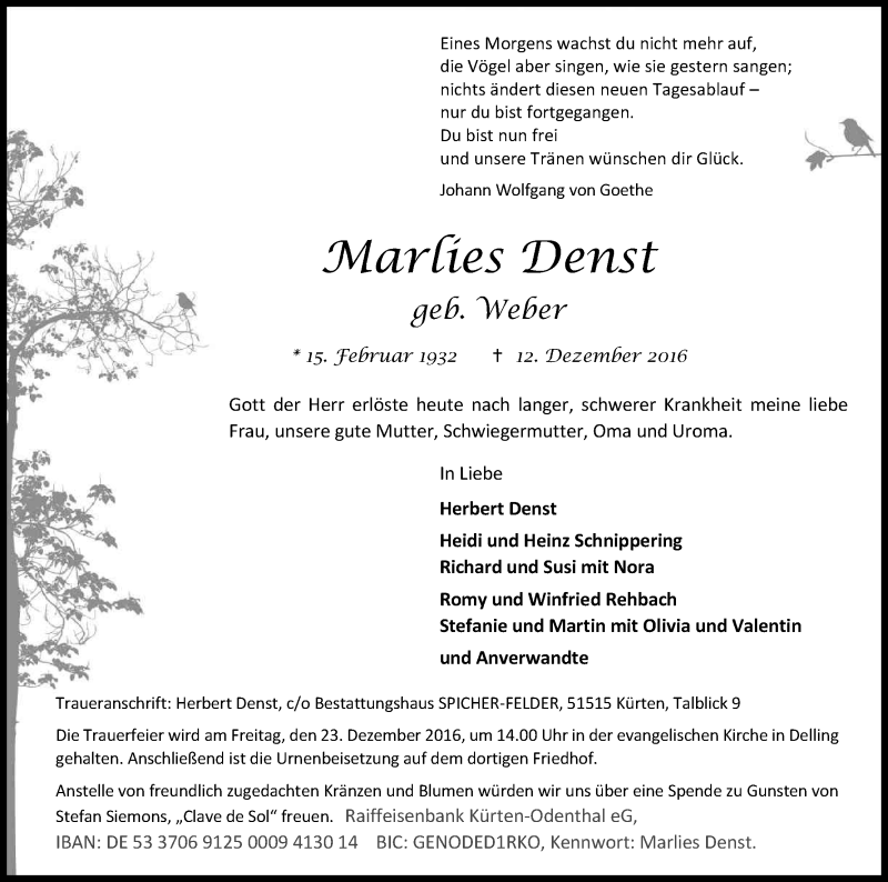  Traueranzeige für Marlies Denst vom 17.12.2016 aus Kölner Stadt-Anzeiger / Kölnische Rundschau / Express