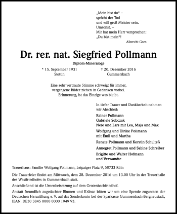 Anzeige von Siegfried Pollmann von Kölner Stadt-Anzeiger / Kölnische Rundschau / Express