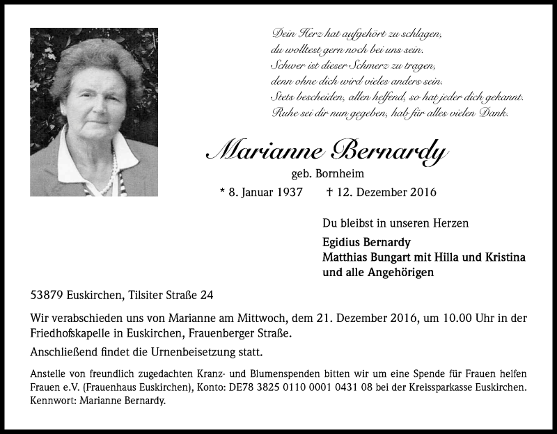  Traueranzeige für Marianne Bernardy vom 15.12.2016 aus Kölner Stadt-Anzeiger / Kölnische Rundschau / Express