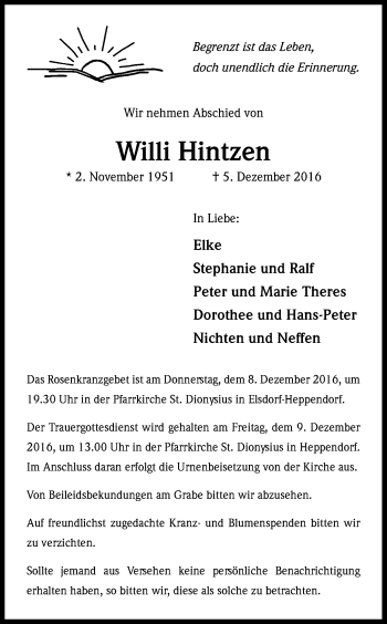 Anzeige von Willi Hintzen von Kölner Stadt-Anzeiger / Kölnische Rundschau / Express