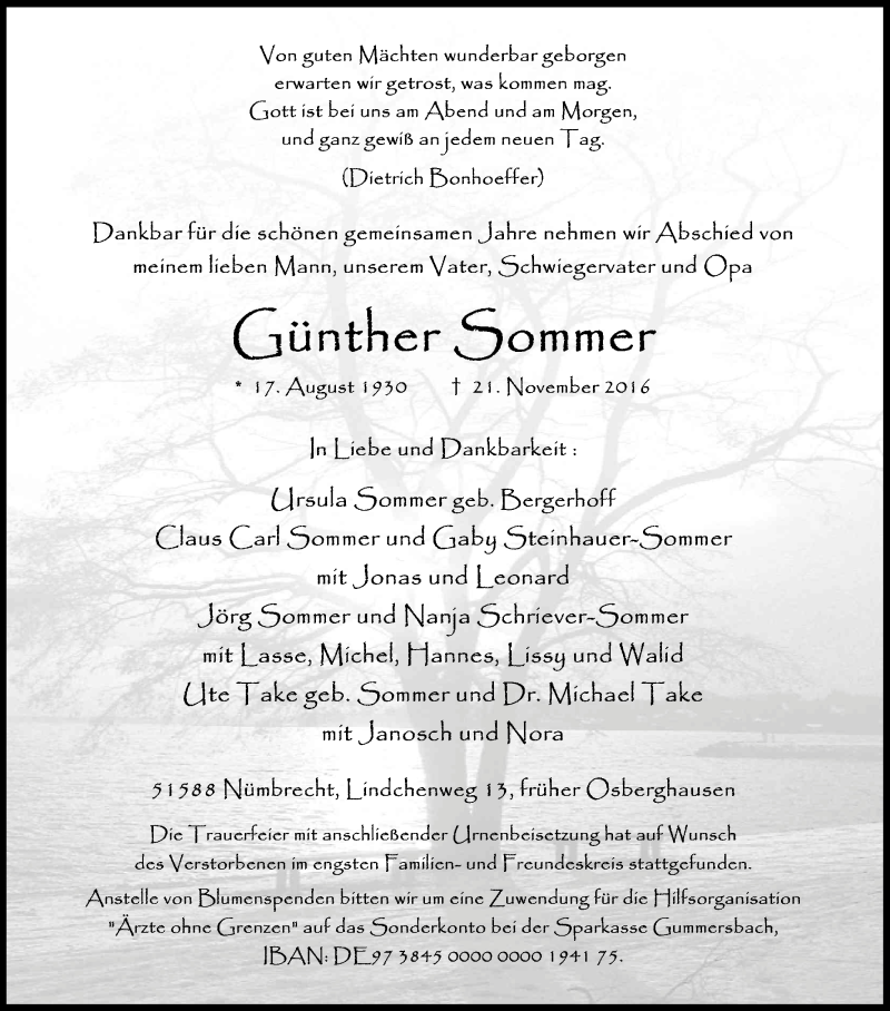  Traueranzeige für Günther Sommer vom 03.12.2016 aus Kölner Stadt-Anzeiger / Kölnische Rundschau / Express