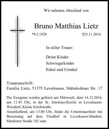 Anzeige von Bruno Matthias Lietz von Kölner Stadt-Anzeiger / Kölnische Rundschau / Express