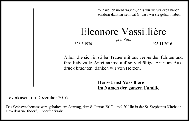  Traueranzeige für Eleonore Vassillière vom 31.12.2016 aus Kölner Stadt-Anzeiger / Kölnische Rundschau / Express