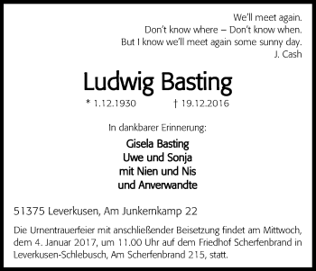 Anzeige von Ludwig Basting von Kölner Stadt-Anzeiger / Kölnische Rundschau / Express