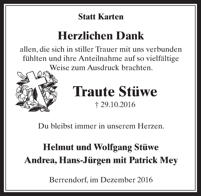  Traueranzeige für Traute Stüwe vom 07.12.2016 aus  Werbepost 