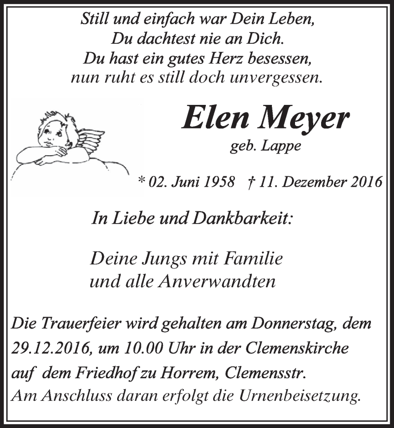  Traueranzeige für Elen Meyer vom 24.12.2016 aus  Sonntags-Post 