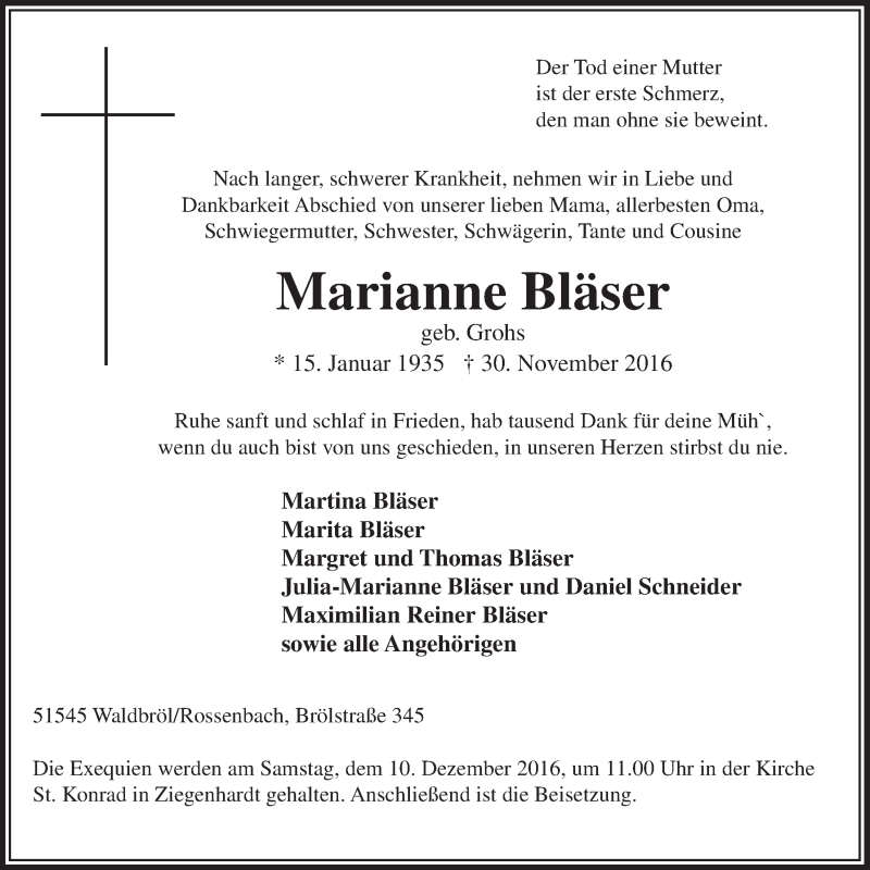  Traueranzeige für Marianne Bläser vom 07.12.2016 aus  Lokalanzeiger 