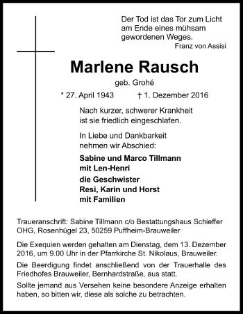 Anzeige von Marlene Rausch von Kölner Stadt-Anzeiger / Kölnische Rundschau / Express