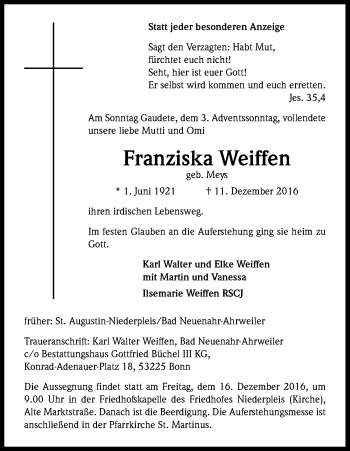Anzeige von Franziska Weiffen von Kölner Stadt-Anzeiger / Kölnische Rundschau / Express