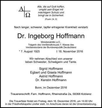 Anzeige von Ingeborg Hoffmann von Kölner Stadt-Anzeiger / Kölnische Rundschau / Express