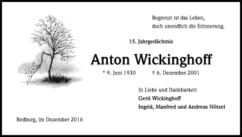 Anzeige von Anton Wickinghoff von Kölner Stadt-Anzeiger / Kölnische Rundschau / Express