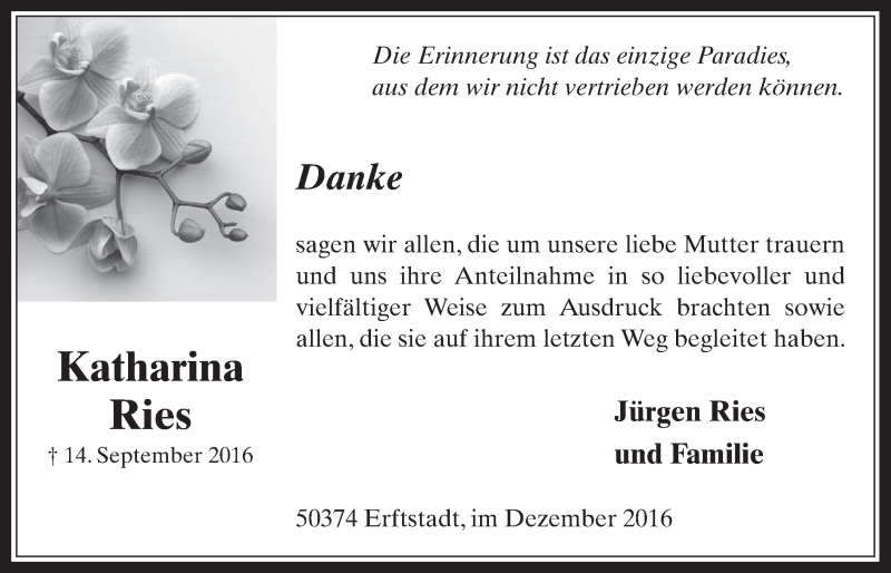  Traueranzeige für Katharina Ries vom 07.12.2016 aus  Werbepost 