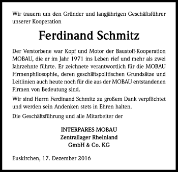Anzeige von Ferdinand Schmitz von Kölner Stadt-Anzeiger / Kölnische Rundschau / Express
