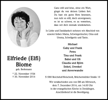 Anzeige von Elfriede Blome von Kölner Stadt-Anzeiger / Kölnische Rundschau / Express