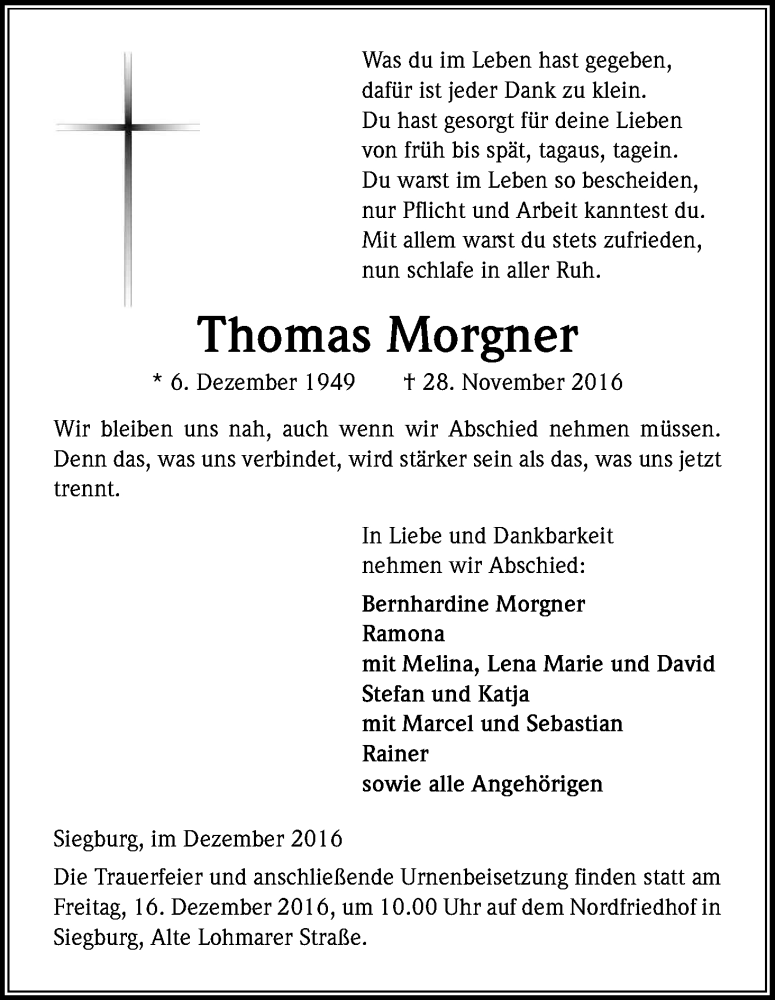  Traueranzeige für Thomas Morgner vom 10.12.2016 aus Kölner Stadt-Anzeiger / Kölnische Rundschau / Express